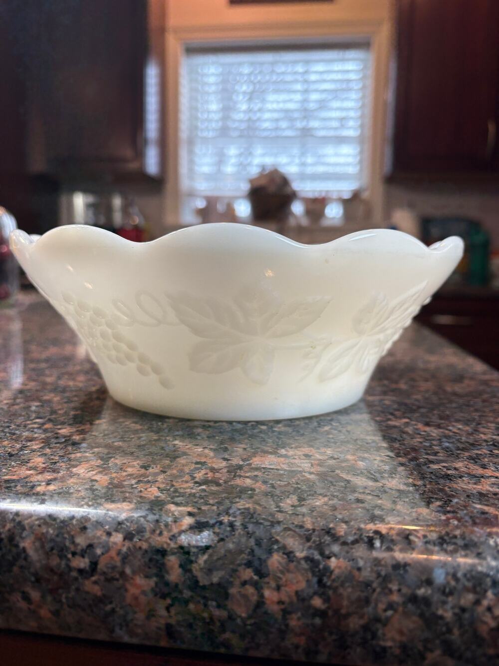 Milk Glass Bowl with Grape and Leaf Design 8.5" round Vintage